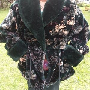 Emerald green with floral pattern faux fur coat.